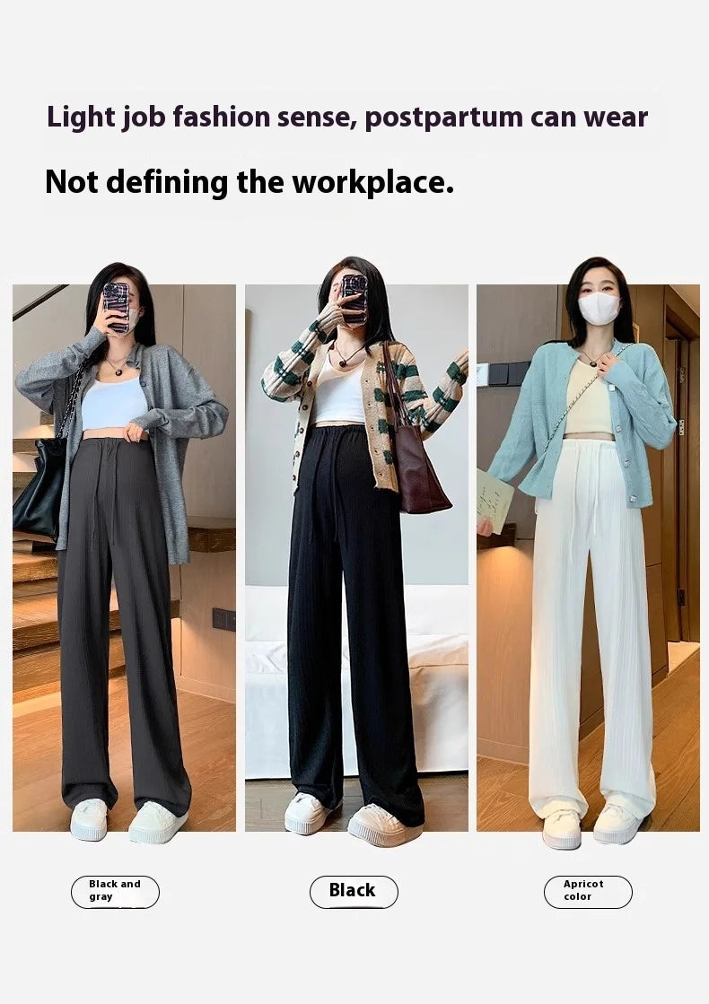 Three women wearing wide-leg maternity pants in different colors, showcasing postpartum fashion for the workplace.