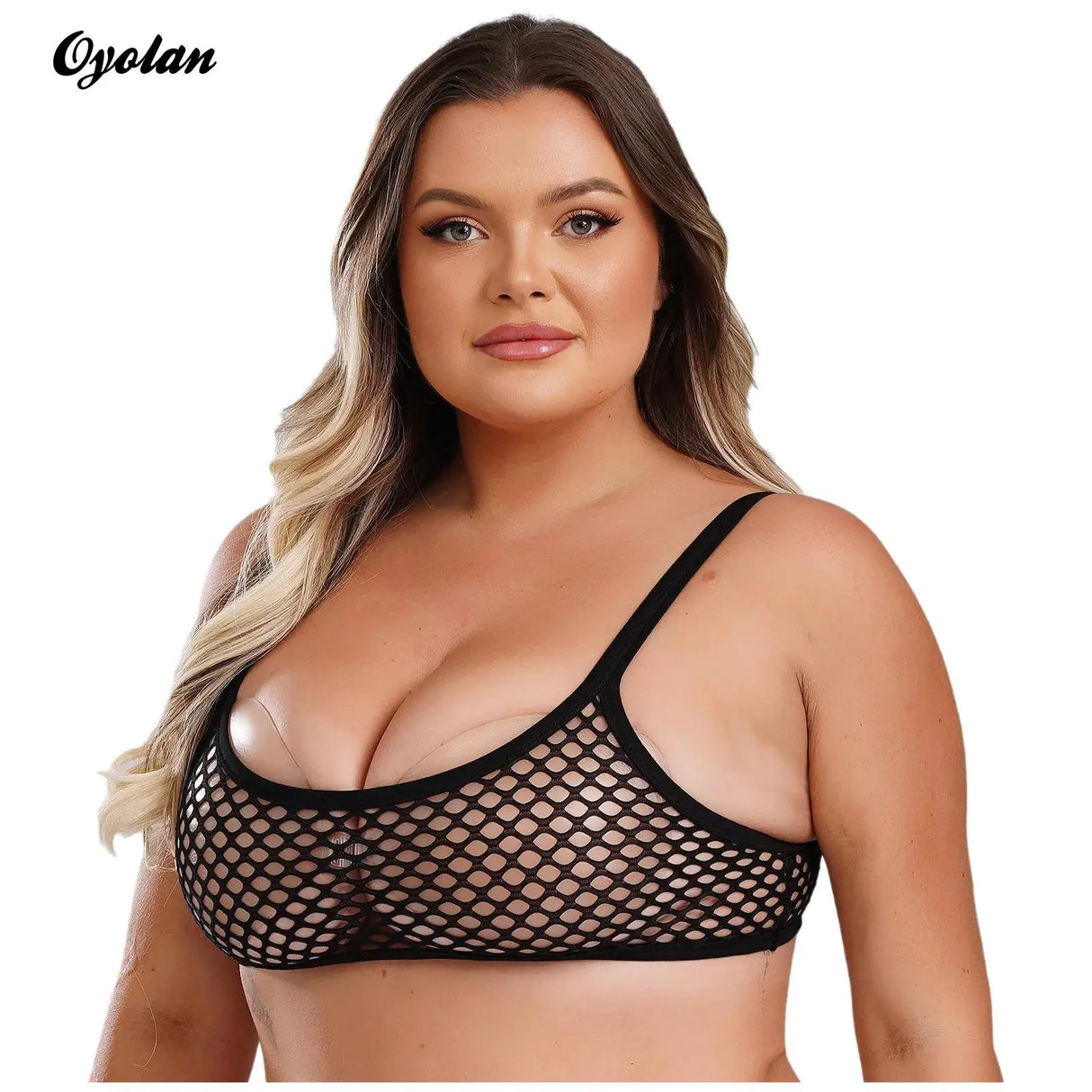 SheerCurvz™ Plus Size Fishnet Camisole by Oyolan, featuring a stylish see-through design with spaghetti straps.