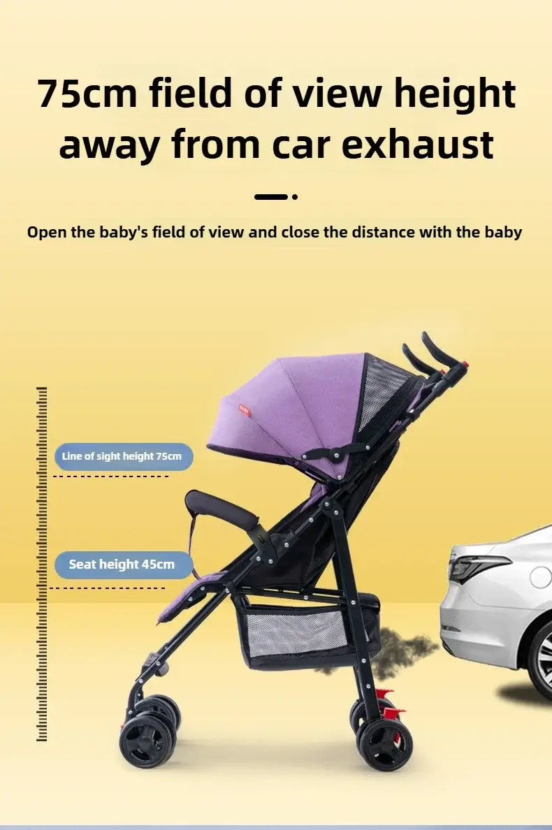 Baby stroller with 75cm field of view, designed to keep distance from car exhaust for safety and comfort.