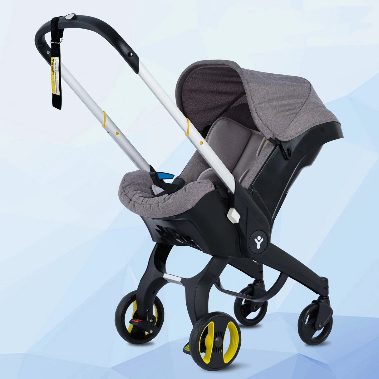 Foldable baby stroller in gray design, suitable for ages 0-2 years, lightweight, easy to carry, and safe for infants.