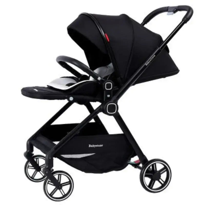 Highview baby stroller in black with adjustable canopy, suitable for infants and toddlers, lightweight and foldable.