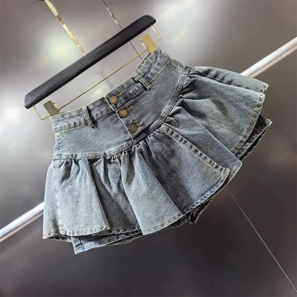 PuffyBelt™ – Puffy Layered Denim Skirt (Black A-line, High Waist)