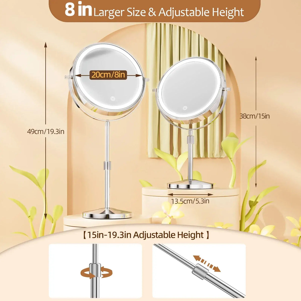 8 inch adjustable height makeup mirror with light and dual magnification in a stylish design, perfect for beauty routines.