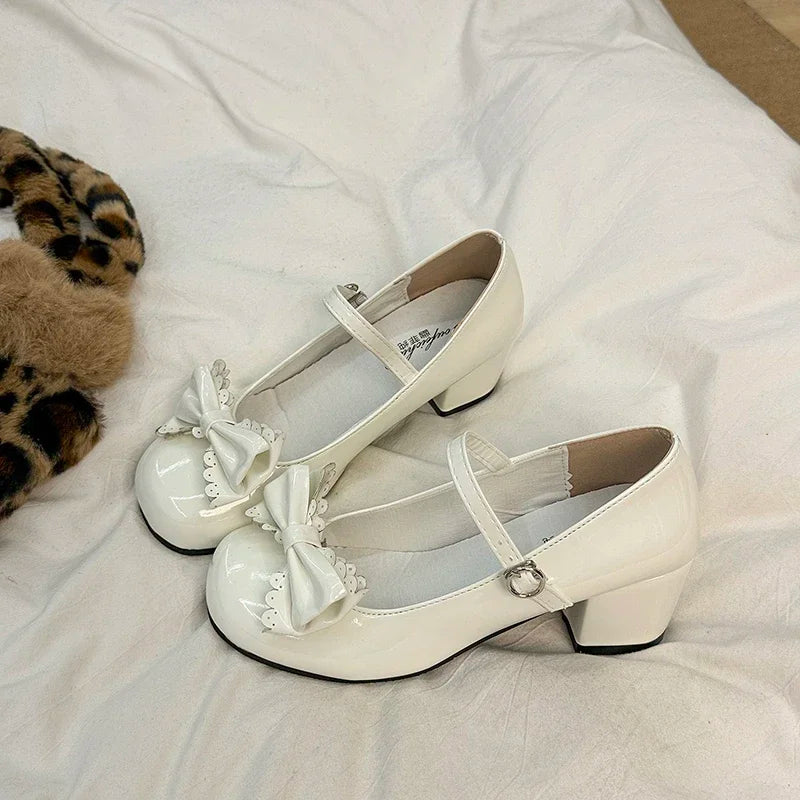 حذاء لوليتا ذو مقدمة مستديرة - حذاء متوسط الطول بفيونكة جذابة 2025