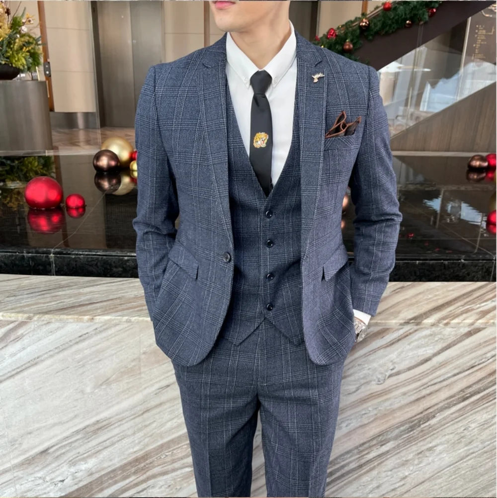 Men Plaid 3-Piece Business Suit