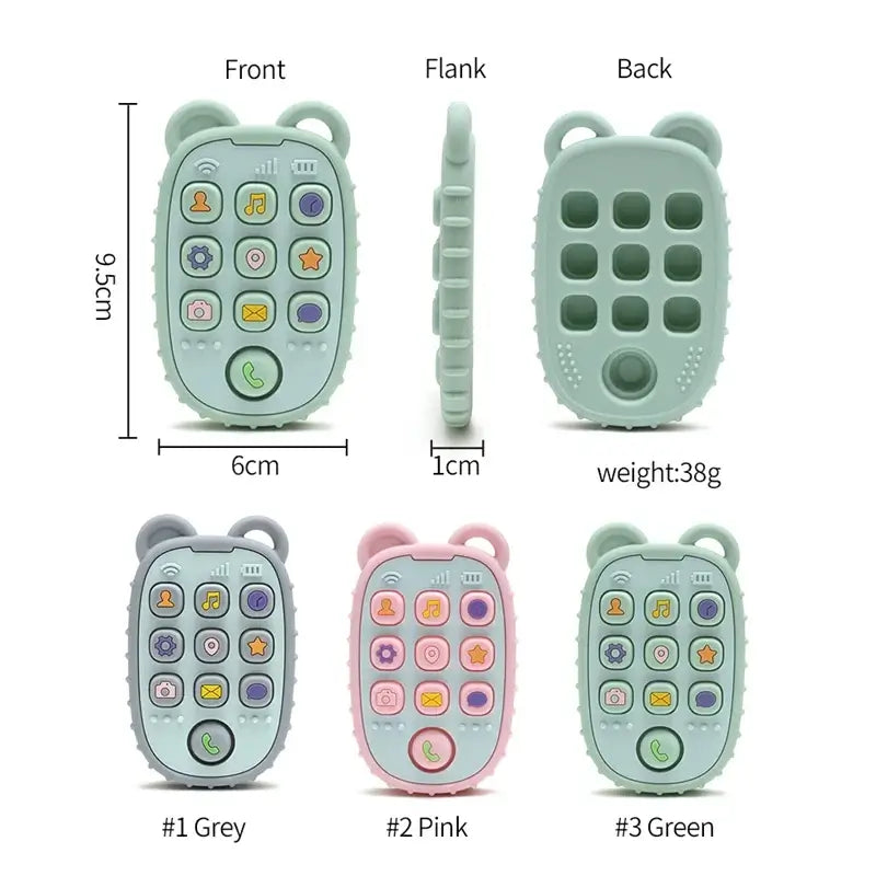 Colorful baby toy phone with soft buttons, available in grey, pink, and green; dimensions 9.5cm x 6cm.