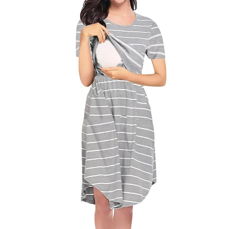 Striped multifunctional nursing dress for maternity, featuring a boat neck and ruffles, perfect for baby showers.