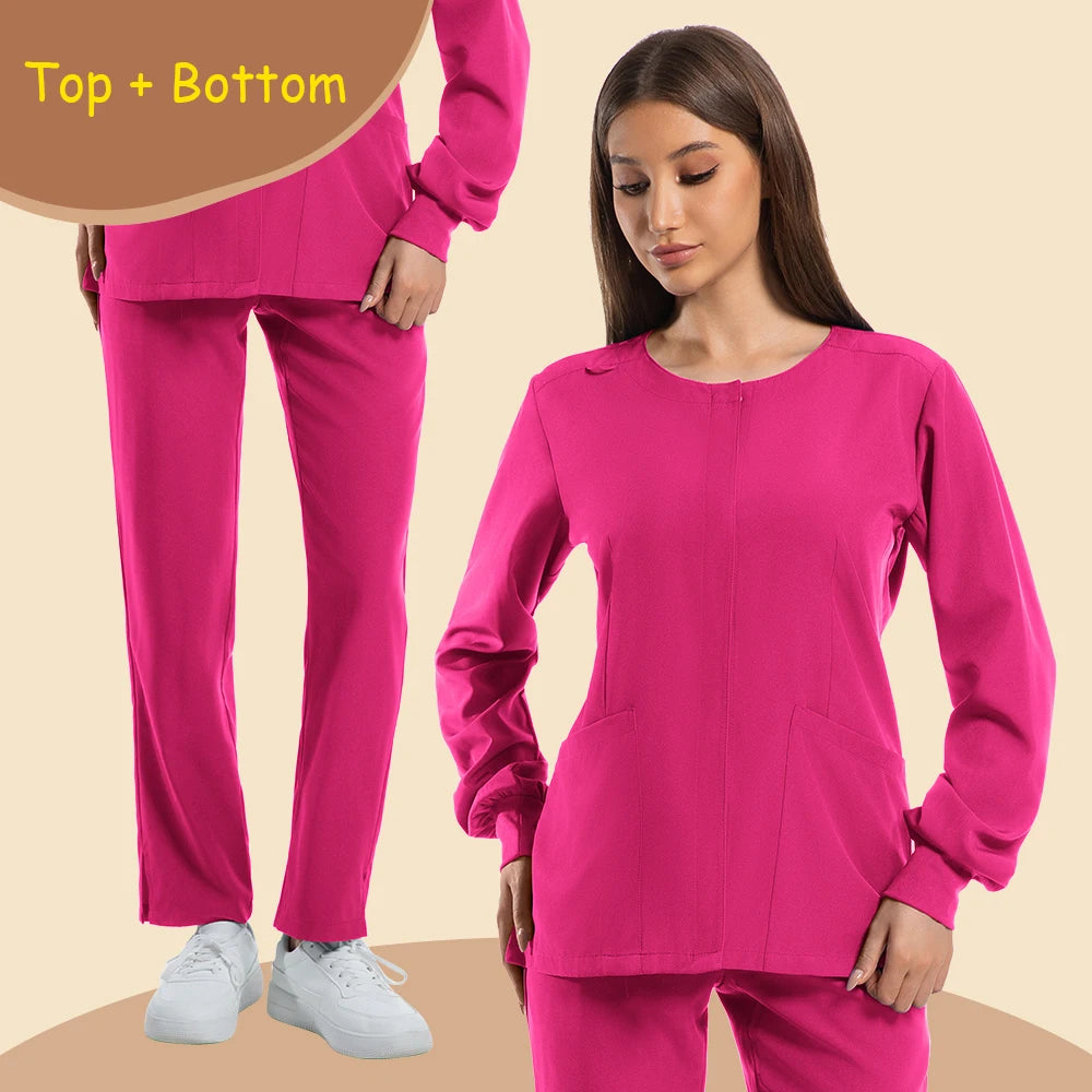 Women's long sleeve medical scrubs in vibrant pink, featuring a top with pockets and matching pants.