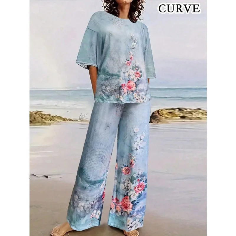 Plus Size Women's Two-Piece Set – Printed Suit