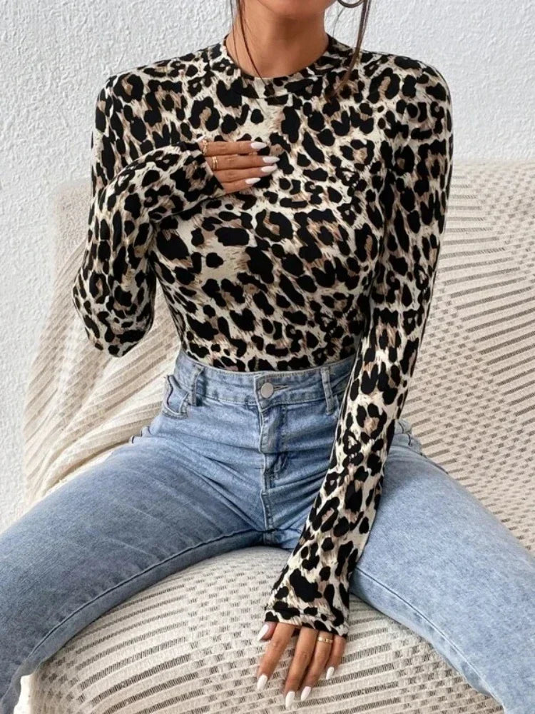 Leopard Print Bodysuit Women – Long Sleeve Top