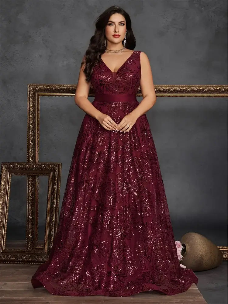 فستان سهرة كوكتيل بظهر على شكل حرف V مزين بالترتر للنساء بمقاسات كبيرة