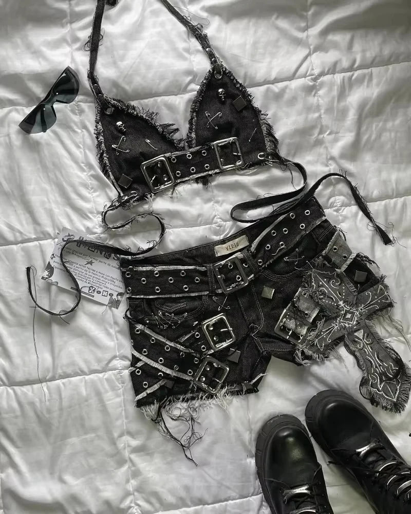 Women Cross Patch Denim Skirt Set