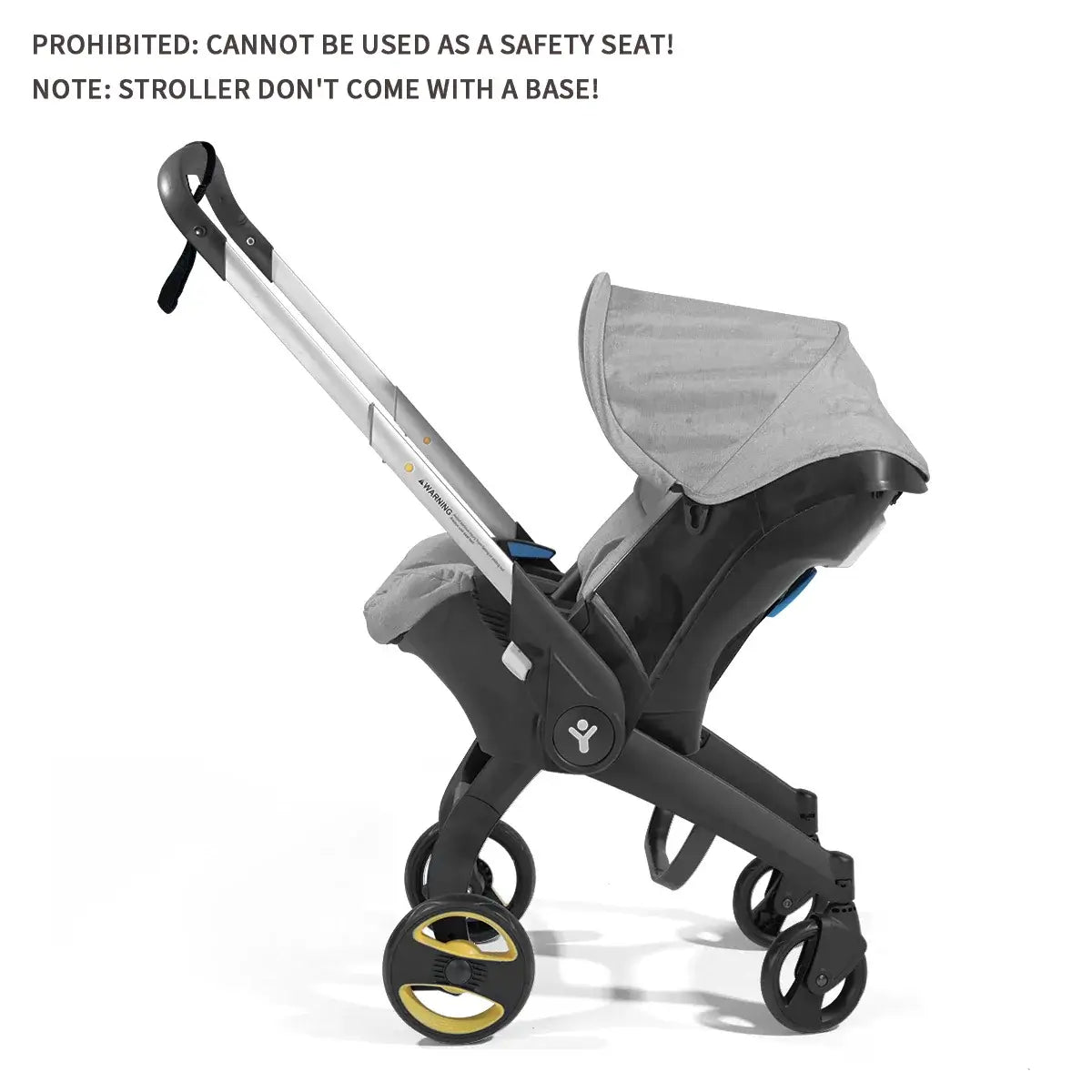 Baby stroller with metal frame and safety warning against use without a base. Designed for infants up to 2 years old.