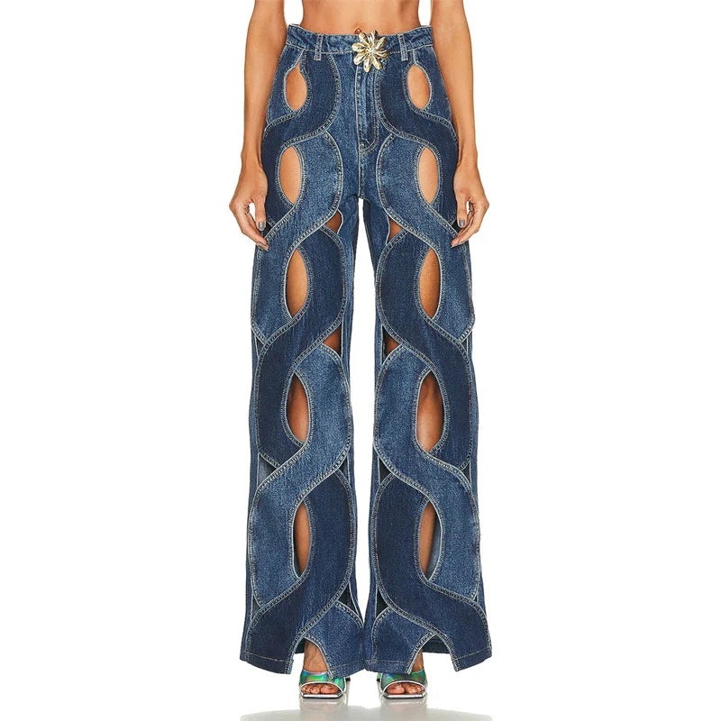 بنطلون جينز نسائي مخطط بخصر عالٍ