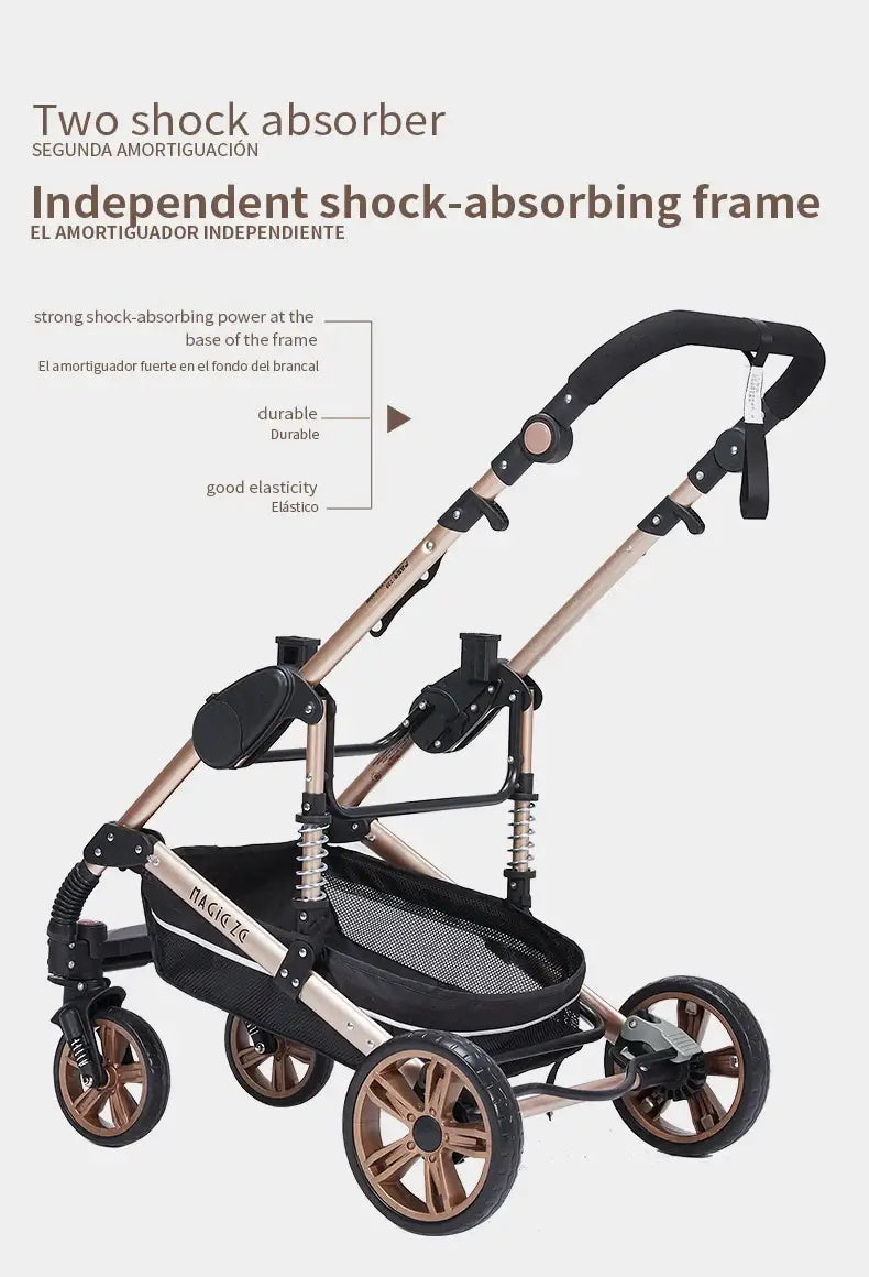 3 in 1 baby stroller with independent shock-absorbing frame, foldable design, suitable for ages 0 to 3 years.