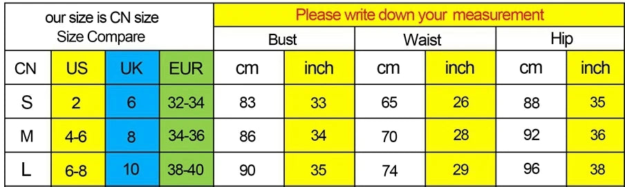 Size chart for women's clothing: CN sizes compared to US, UK, and EUR with measurements for bust, waist, and hip.