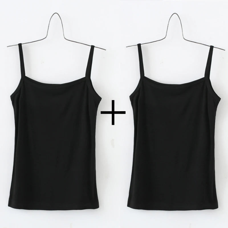 BasicBreeze™ solid black cotton strap camisole featured front view, perfect for everyday casual wear.