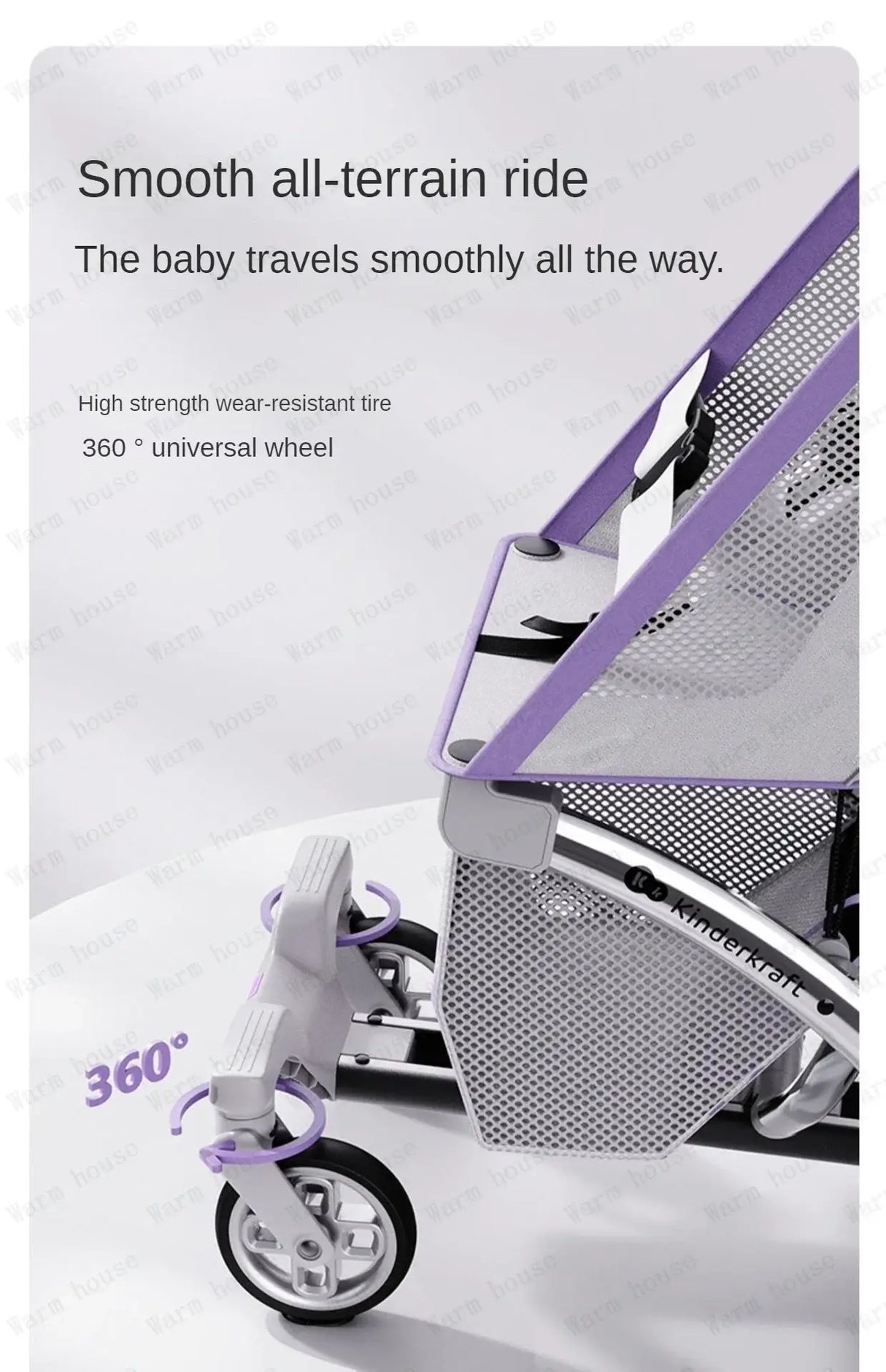 Smooth all-terrain ride stroller with 360° universal wheel for comfortable baby travel.