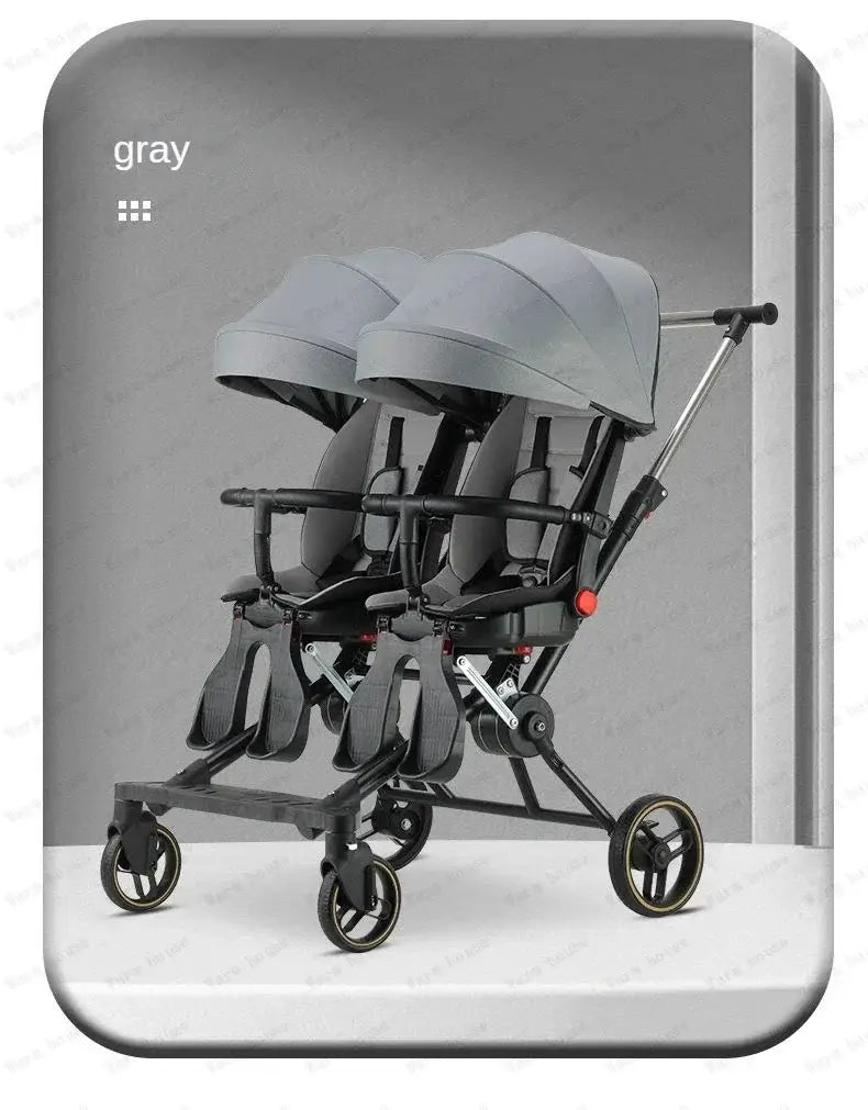 Gray twin stroller for two children, foldable design, made with high-carbon steel and recycled fiber fabric.
