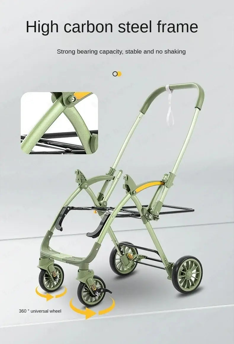 High carbon steel frame baby stroller with universal wheels for stability and strong bearing capacity.