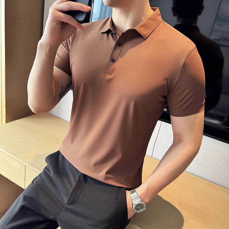 Men Ice Silk Polo Shirt Brown Top