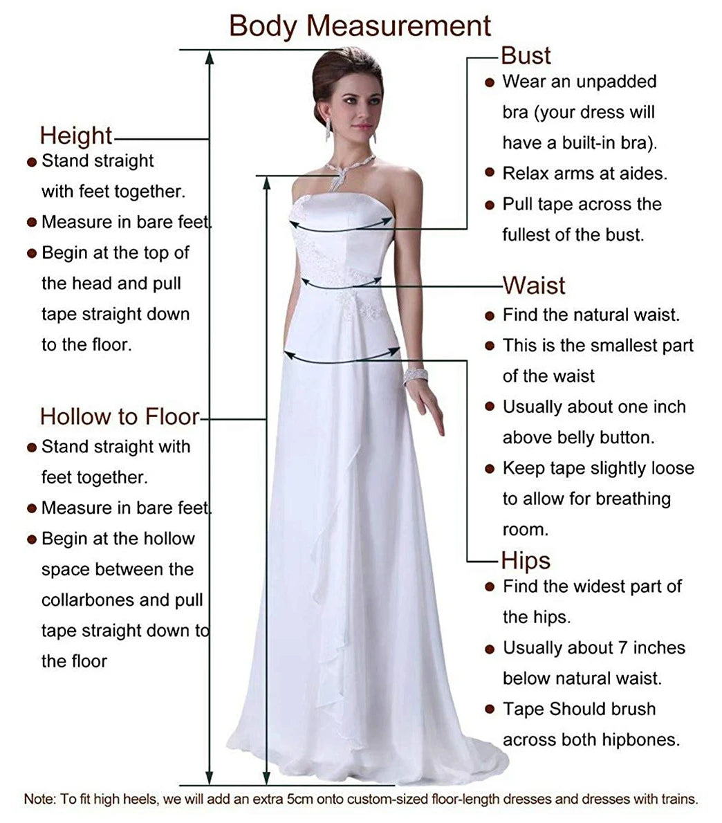Body measurement guide for custom-fit wedding dresses, detailing height, waist, and hip measurements.