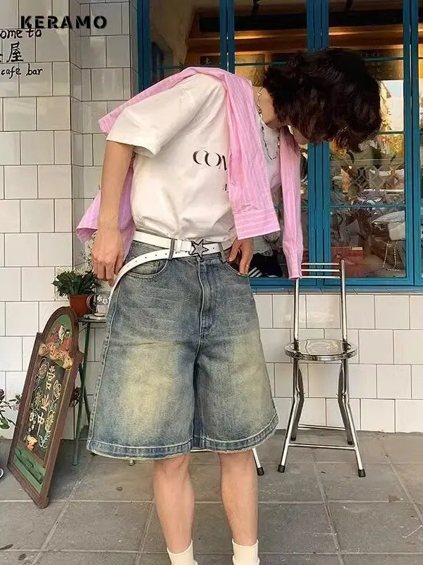 GrungeKnee™ – Vintage Y2K Knee-Length Shorts (High Waist, Emo Streetwear)