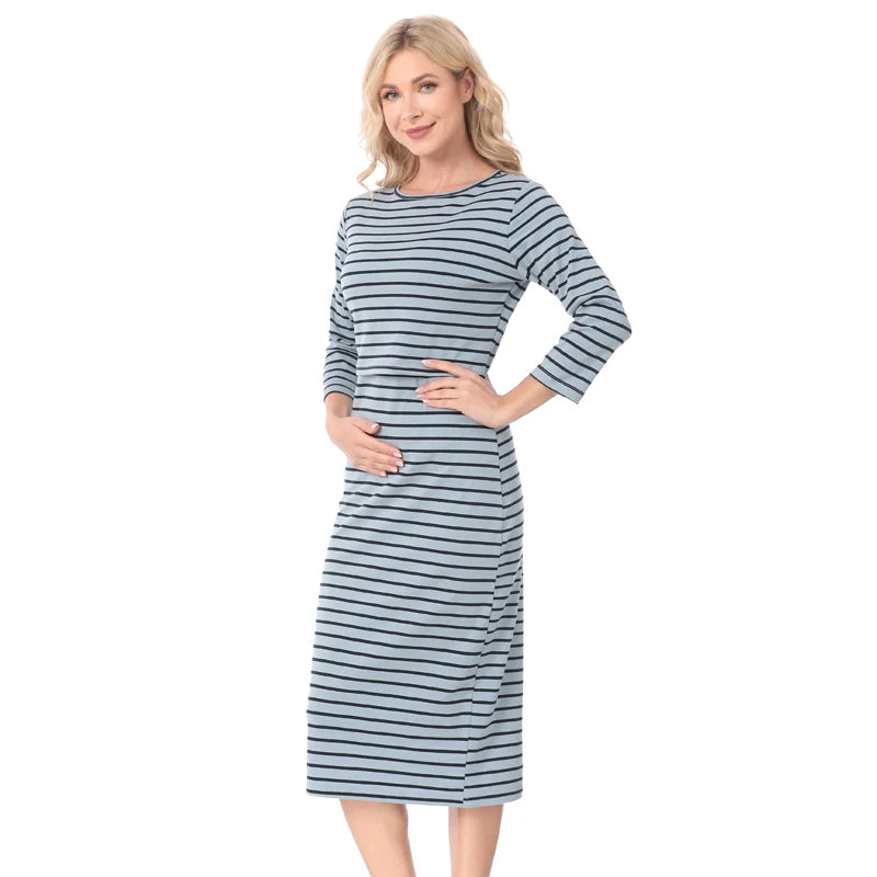 Postpartum nursing maternity dress with 3/4 sleeves and striped pattern, designed for breastfeeding, knee-length.