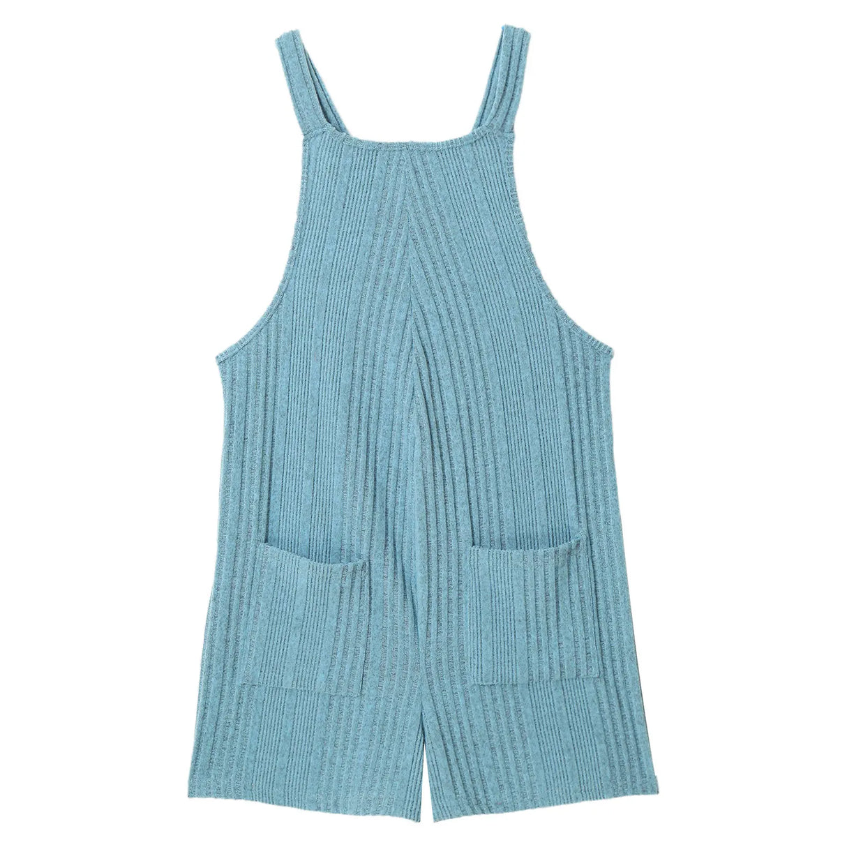 Sleeveless ribbed maternity jumpsuit in blue, featuring a loose fit and two pockets, perfect for casual summer wear.
