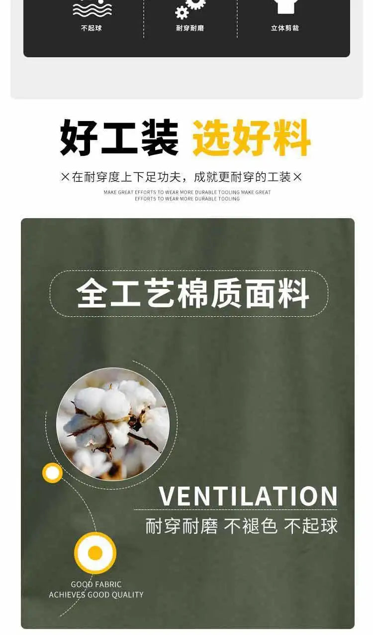 Summer Cotton Green Work Suit material description highlighting good fabric quality and ventilation features.