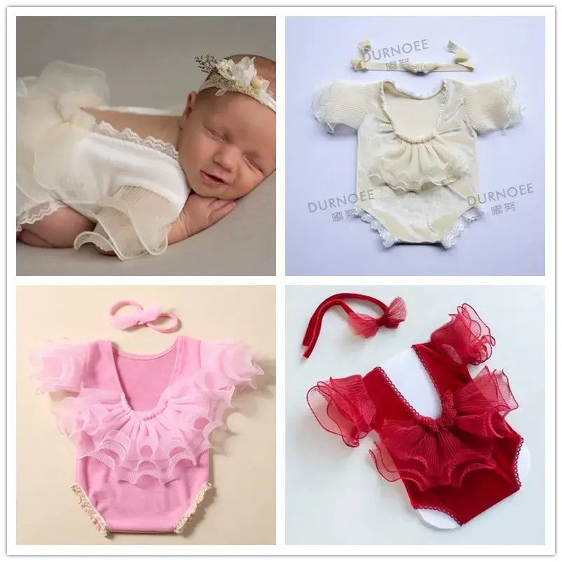 Newborn photography props featuring cute baby outfits in various colors and styles, perfect for adorable photo sessions.