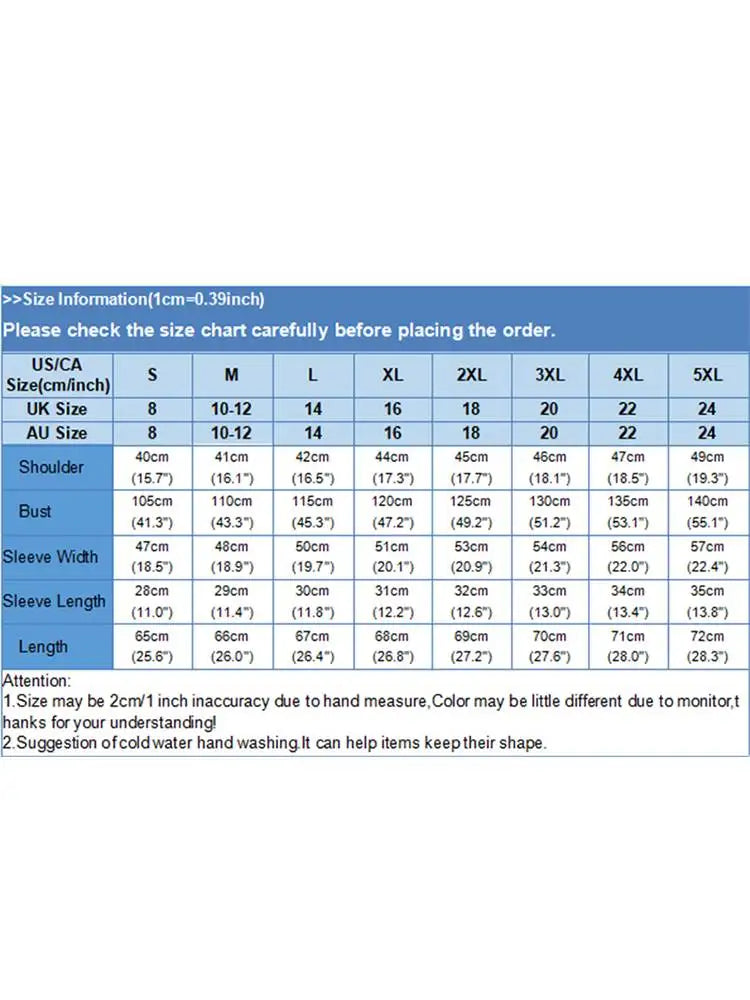 Size chart for ZanzeaEase™ oversized summer blouse detailing US/CA sizes from S to 5XL with measurement in inches.