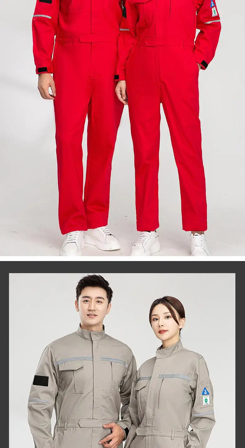 Two models wearing anti-static flame-resistant welding suits in red and gray, showcasing durable pure cotton workwear.