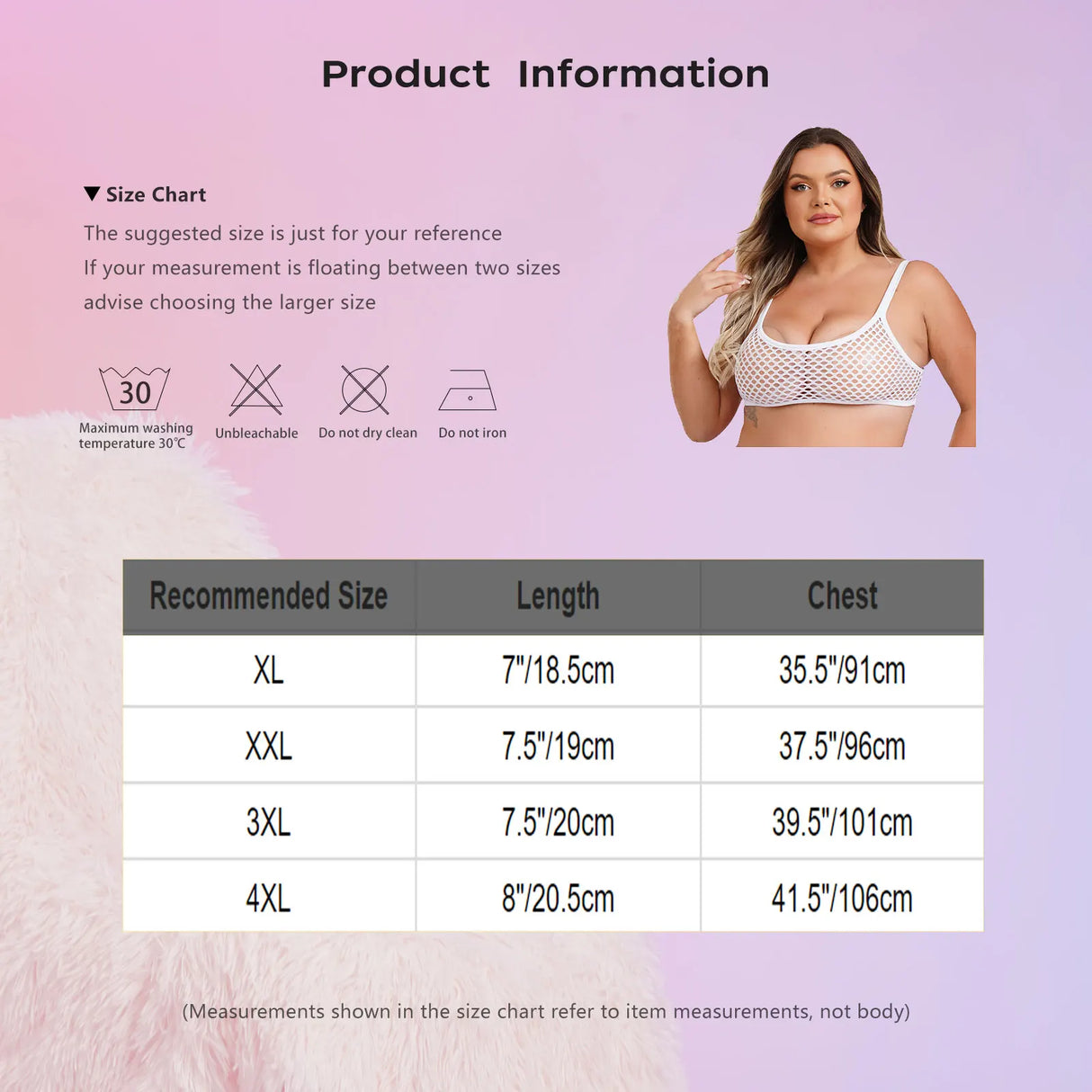 Size chart for SheerCurvz™ Plus Size Fishnet Camisole, showing lengths and chest measurements for sizes XL to 4XL.