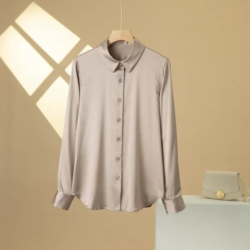SatinGrace™ Long Sleeve Silk Shirt in a soft beige, featuring a V-neck and button closure, perfect for a chic, loose fit.
