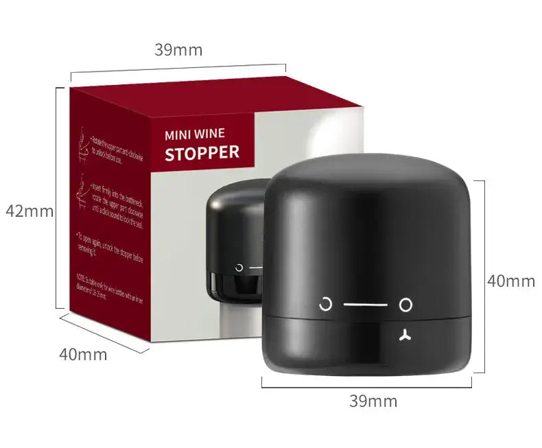 Black mini wine bottle stopper with dimensions, perfect for vacuum sealing red wine and preserving freshness.
