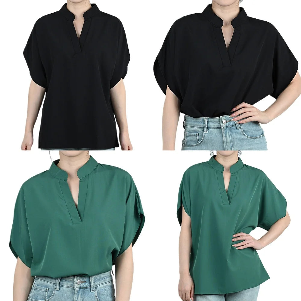Four variations of FlareFemme™ V-Neck Summer Blouse in black and teal colors, showcasing short flare sleeves and a loose fit.