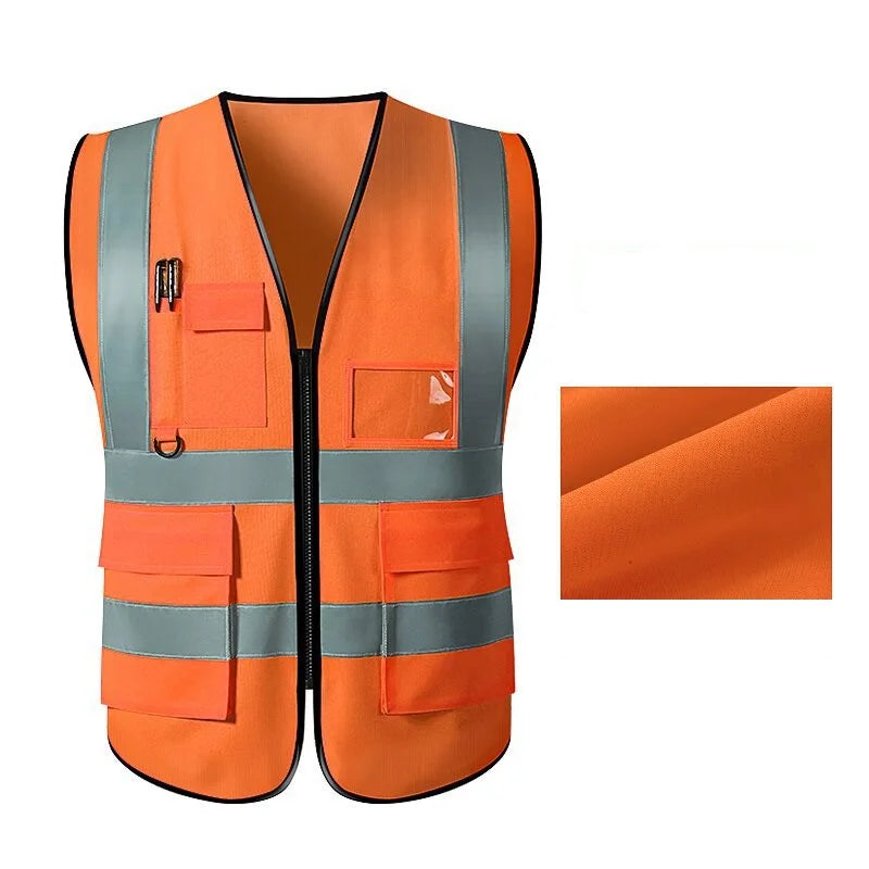 Unisex multi-pocket safety vest in orange with reflective stripes, designed for utility and safety in breathable workwear.