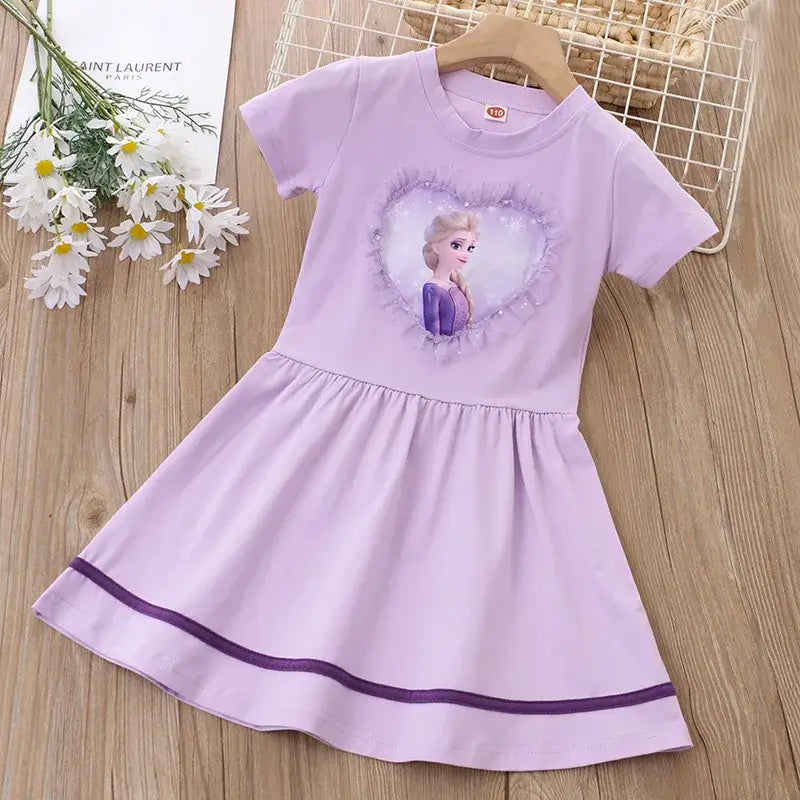 Girls summer dress featuring a heart design with a cartoon princess, knee-length, short-sleeve, made of cotton.