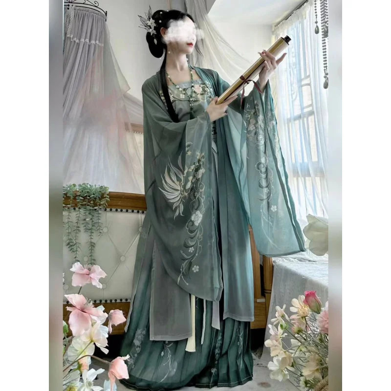 Elegant woman in Song Dynasty hanfu set, showcasing intricate floral prints and stylish chiffon fabric.