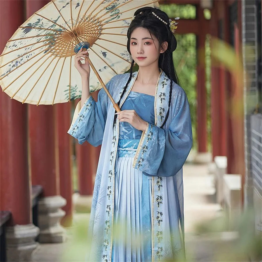 Woman in a blue Hanfu cosplay dress holding a parasol in a traditional setting.
