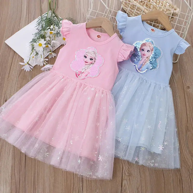 Girls summer princess dresses in pink and blue with character designs, perfect for ages 4-6Y, knee-length cotton dresses.