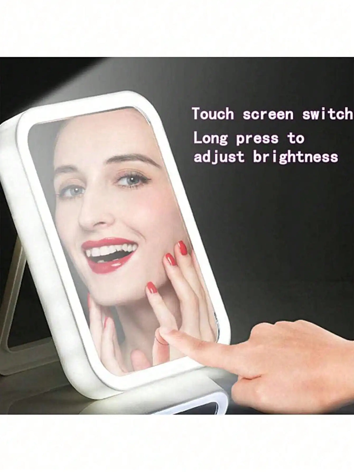 LED makeup mirror with touch screen dimming, showcasing a user adjusting brightness for optimal lighting.