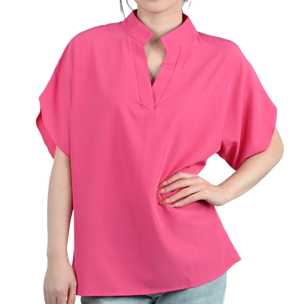 FlareFemme™ V-Neck summer blouse in vibrant pink, featuring short flare sleeves and an elegant loose fit for women.