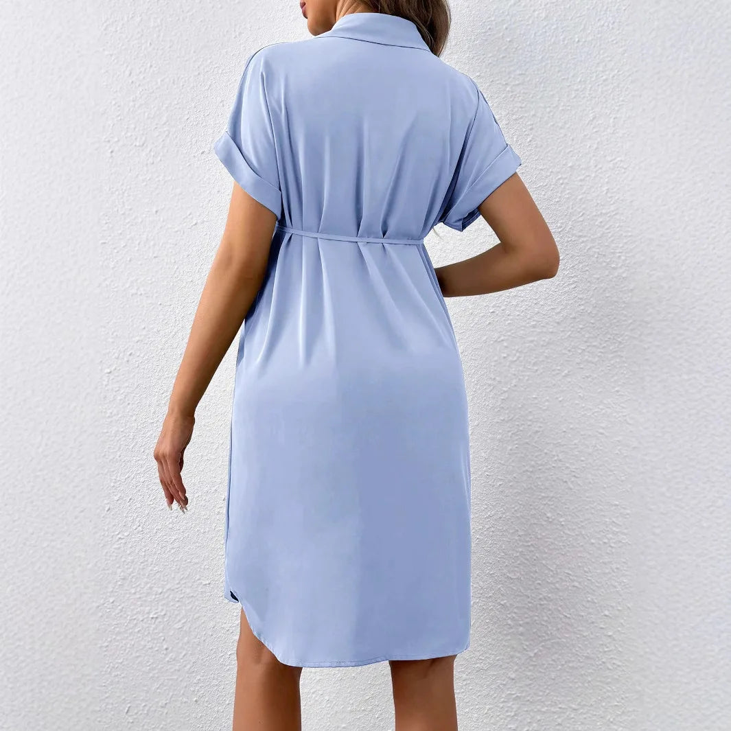 Back view of a casual striped button shirt maternity dress in light blue for summer, designed for comfort and style.