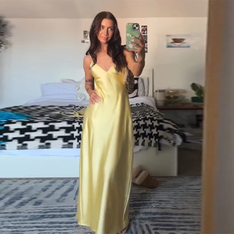 Golden Satin Backless Evening Gown