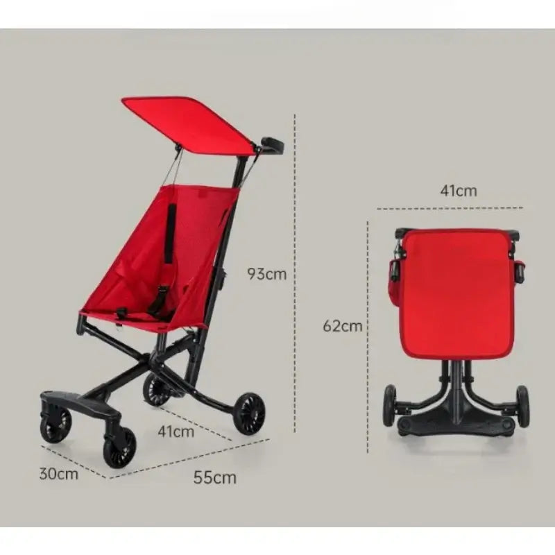 Lightweight baby stroller dimensions and foldable design in vibrant red color.