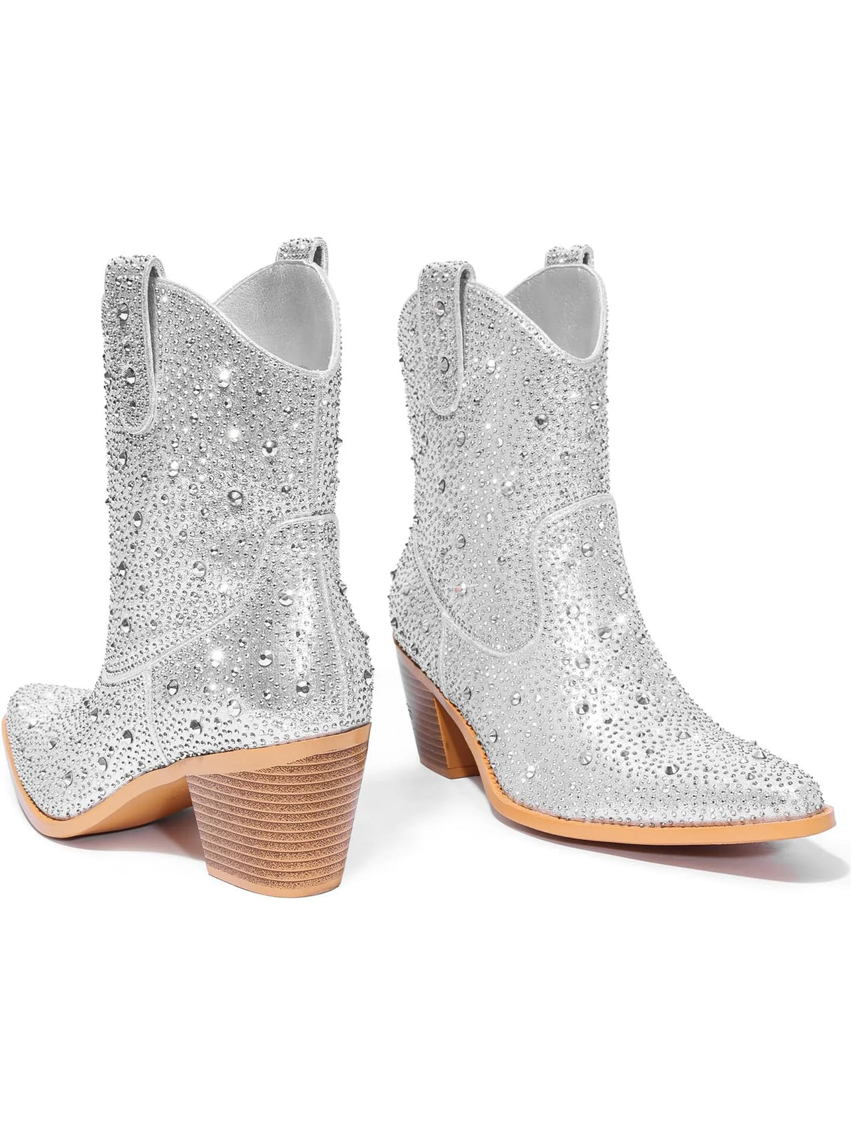 Women Silver Rhinestone Cowboy Boots – Sparkly Western Mid-Calf Boots