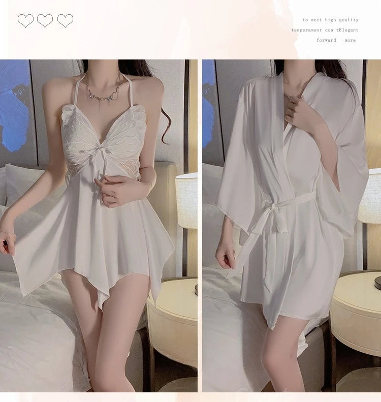 طقم نوم نسائي مع روب فيونكة