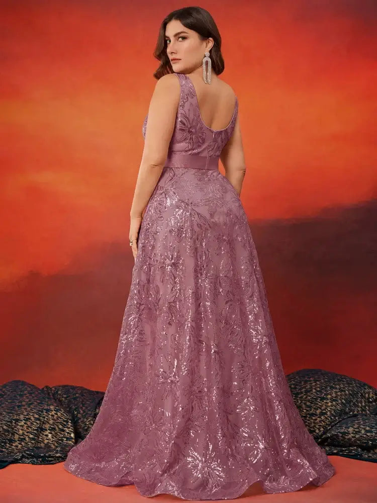 فستان سهرة كوكتيل بظهر على شكل حرف V مزين بالترتر للنساء بمقاسات كبيرة